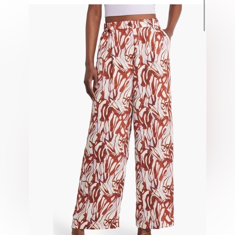 Open Edit Abstract Print Satin Trousers Pants in Purple Lava Size Small